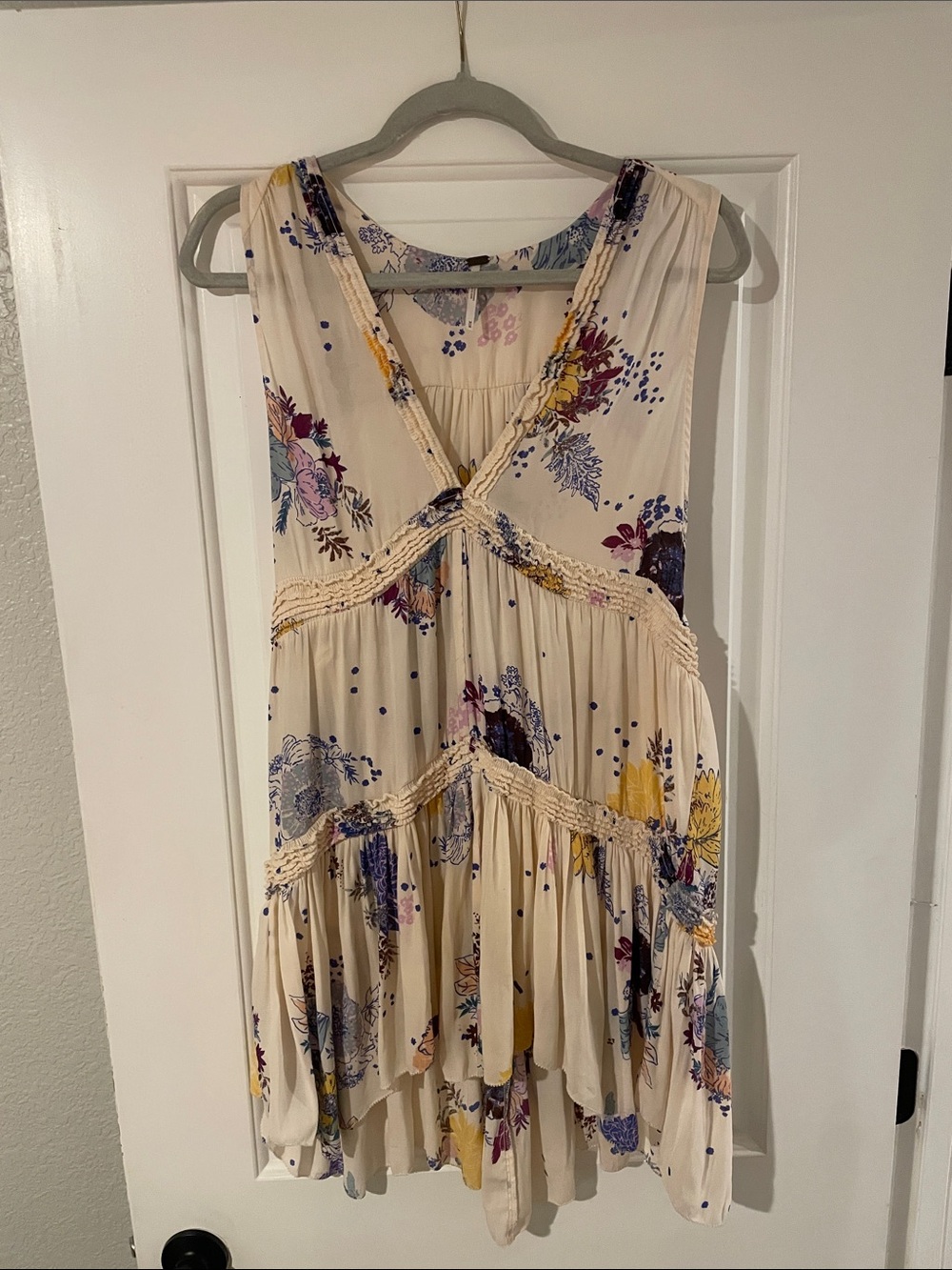 Free People Cream Floral Boho Tunic with Braided Trim